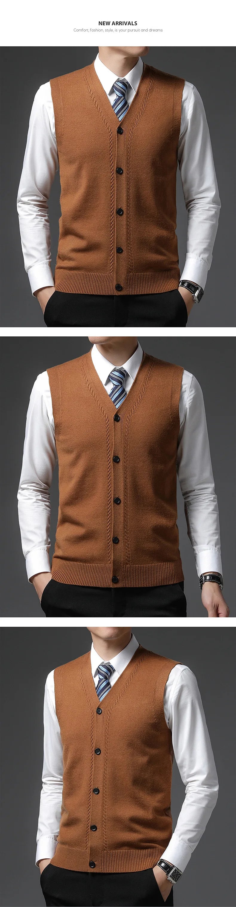 2025 Men's New Autumn and Winter Vest Young Casual Warm Knit Sleeveless Base Shirt Solid Color Jacquard Cardigan Vest