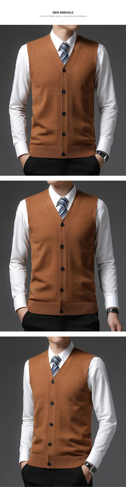 2025 Men's New Autumn and Winter Vest Young Casual Warm Knit Sleeveless Base Shirt Solid Color Jacquard Cardigan Vest