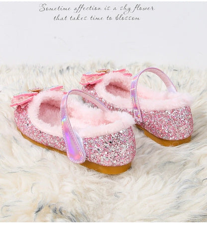 Disney Autumn Fashion Pearl Bow Rhinestone Frozen Elsa Princess Girl Shoes Flat Kids Princess Warm Winter Shoes Size 23-36