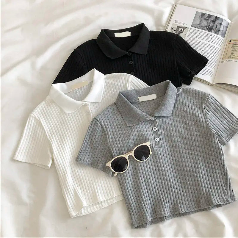 Women Knit School Polo Neck Cropped Shirt Summer Short Sleeve Youthful Solid Color Crop Top Female Basic Blouse Lady Pullover
