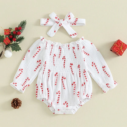 Tregren Infant Baby Girls Valentine's Day Romper Heart Print Long Sleeve Boat Neck Jumpsuits Spring Fall Bodysuits with Headband