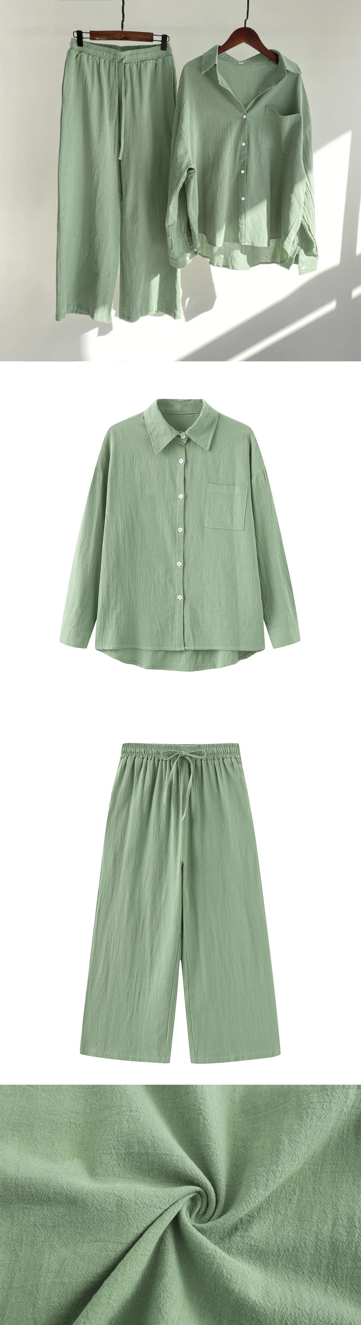 Loose Solid Color Cardigan Shirt Wide Leg Pants Women's 2-piece Set Of Retro Cotton Linen Shirt High Waist Long Pants Set Outfit