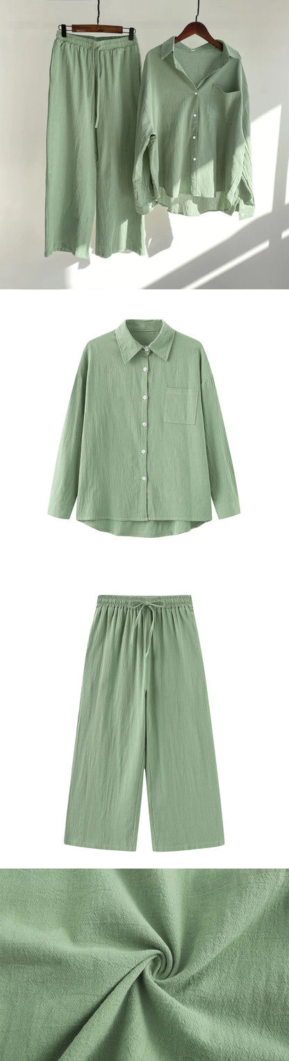 Loose Solid Color Cardigan Shirt Wide Leg Pants Women's 2-piece Set Of Retro Cotton Linen Shirt High Waist Long Pants Set Outfit