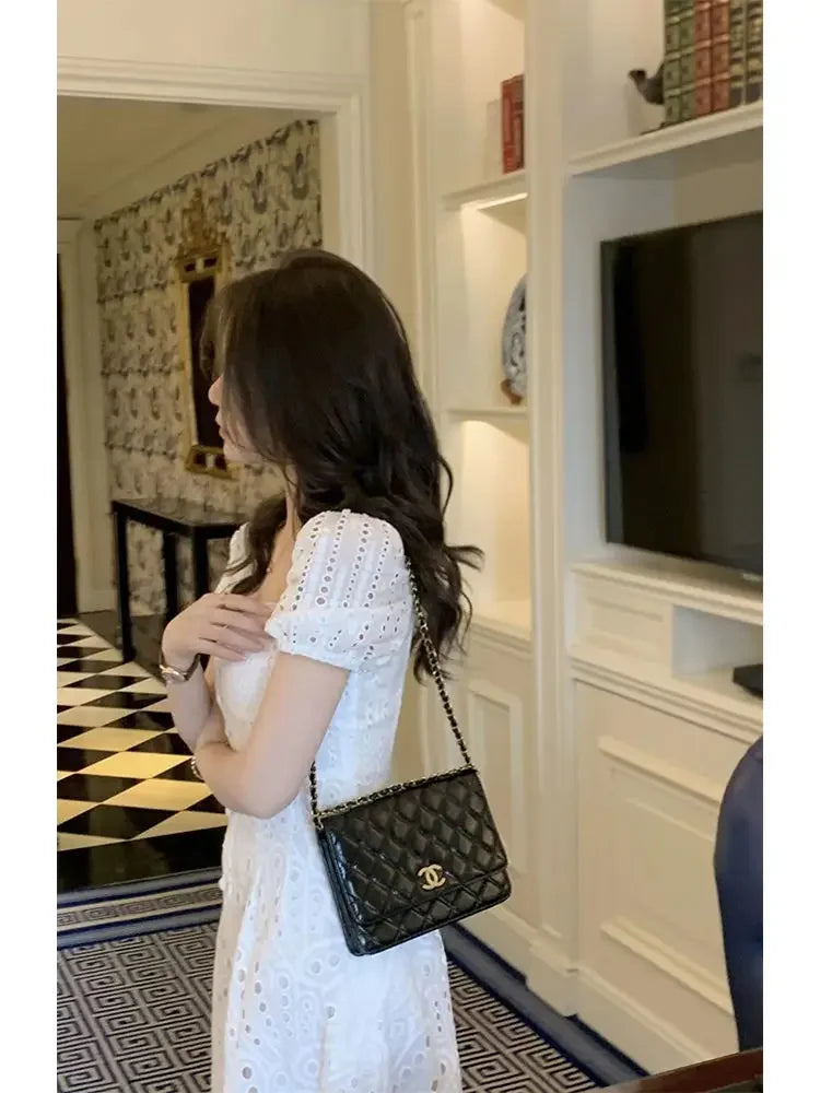 Summer Elegant Korean Chic White Midi Dress Women French Hollow Out Sexy Kawaii Vestidos De Fiesta Fashion Short Sleeve Dress