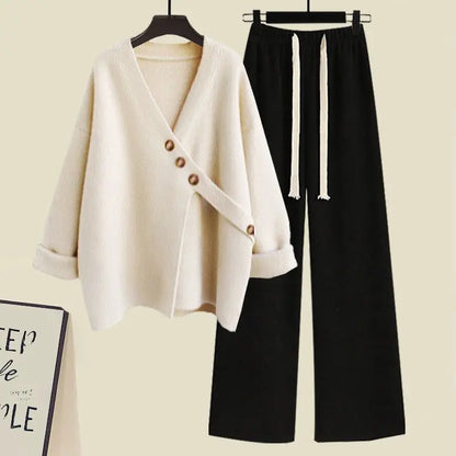 Women's Spring Autumn New Casual Matching Set Korean Elegant Irregular Knit Sweater+ Loose Wide Leg Pants Two Piece Female Suit