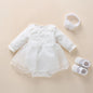 Newborn Baby Girl Dress Clothes 0 3 6 Months Princess Pink Dress White Baptism Outfit Party Dress Headband Socks Set Clothing