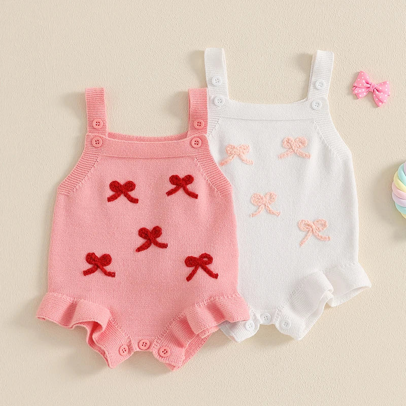 Suefunskry Baby Girl Overalls, Sleeveless Bows Pattern Knit Romper Bodysuit Spring Fall Clothes for Casual Daily