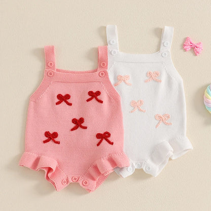 Suefunskry Baby Girl Overalls, Sleeveless Bows Pattern Knit Romper Bodysuit Spring Fall Clothes for Casual Daily