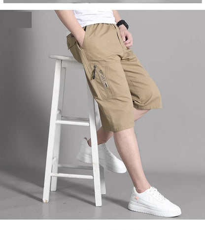 Men's Cargo Shorts Knee Pants Zipper Pocket Summer Cotton Shorts Climbing Jogger Elastic Waist Sports Wear