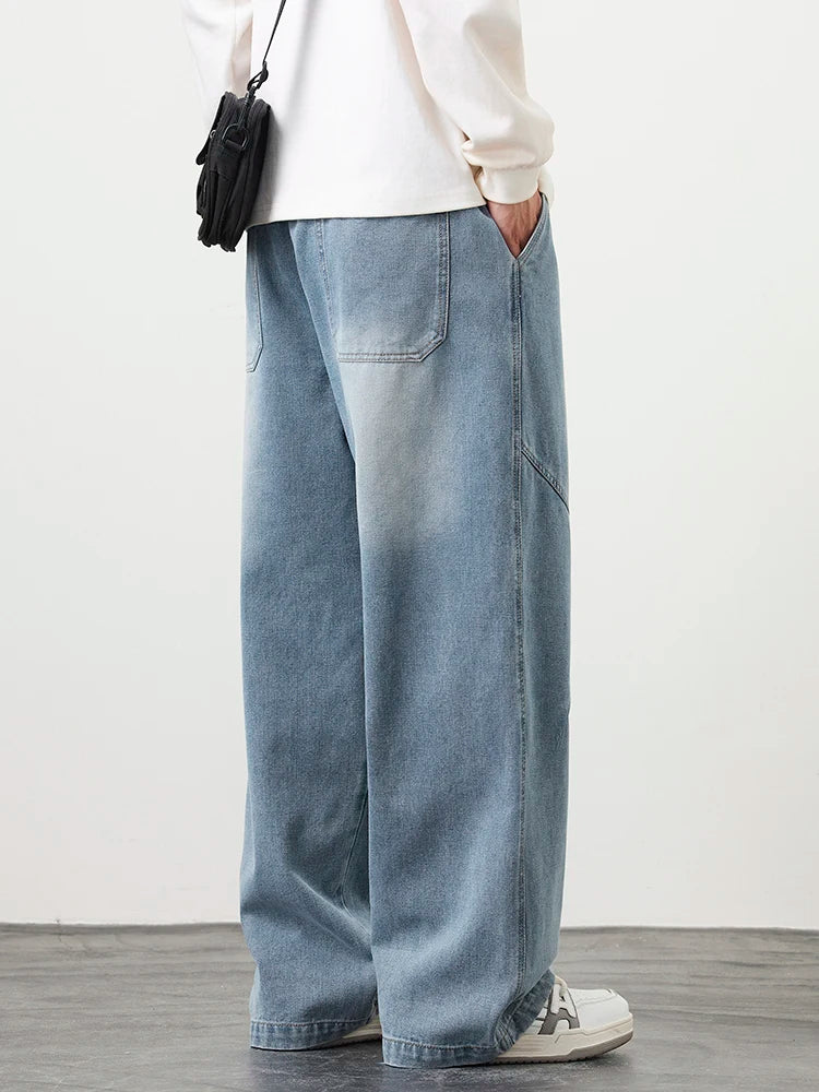 Big Size Men's Jeans 8XL 7XL 6XL String Banding Wide Leg Straight Denim Pants Washed Cotton Casual Baggy Jean Trousers Male