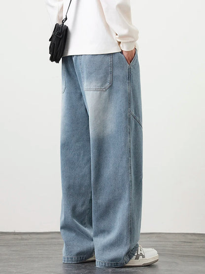 Big Size Men's Jeans 8XL 7XL 6XL String Banding Wide Leg Straight Denim Pants Washed Cotton Casual Baggy Jean Trousers Male