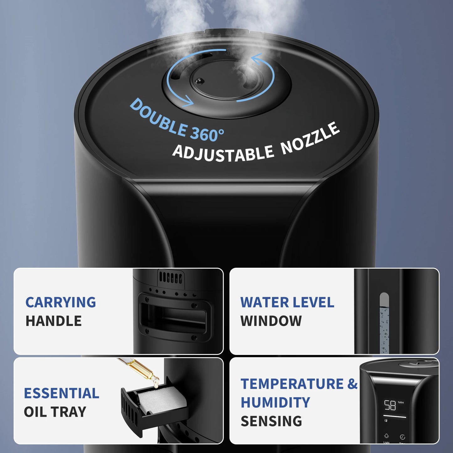 SEJOY Humidifiers for Bedroom Large Room, 9L/2.4Gal Cool Mist Top Fill Humidifier with Essential Oil 360°Nozzle for Baby Office