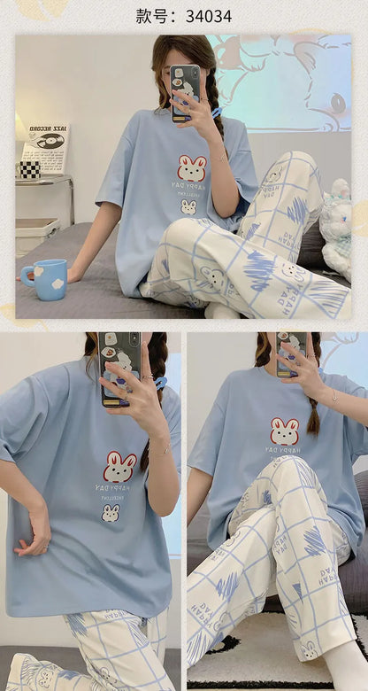 New Pajama Cartoon Cotton Pajamas for Women Summer Short Sleeved Long Pants Sleepwear Korean Fashion Rabbit Print Home Clothing
