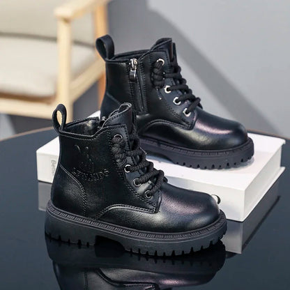 Kid's Winter Cotton Boots Plus Velvet Thickening Water Proof Retro Black Trendy All-match Leather Casual Boys Girls Ankle Boot