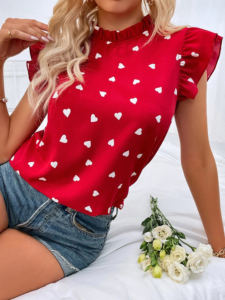 Fashion Chiffon Print Women's Shirt Casual Ruffle Short Sleeve Top Pink Chic Woman Blouse And Shirts Elegant Blouses Summer 2025