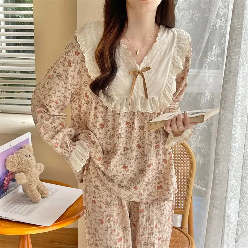 Pajama Sets Women Comfortable Daily Print Design Sweet Autumn Popular Attractive Ulzzang V-Neck Students Holiday Elegant Trendy