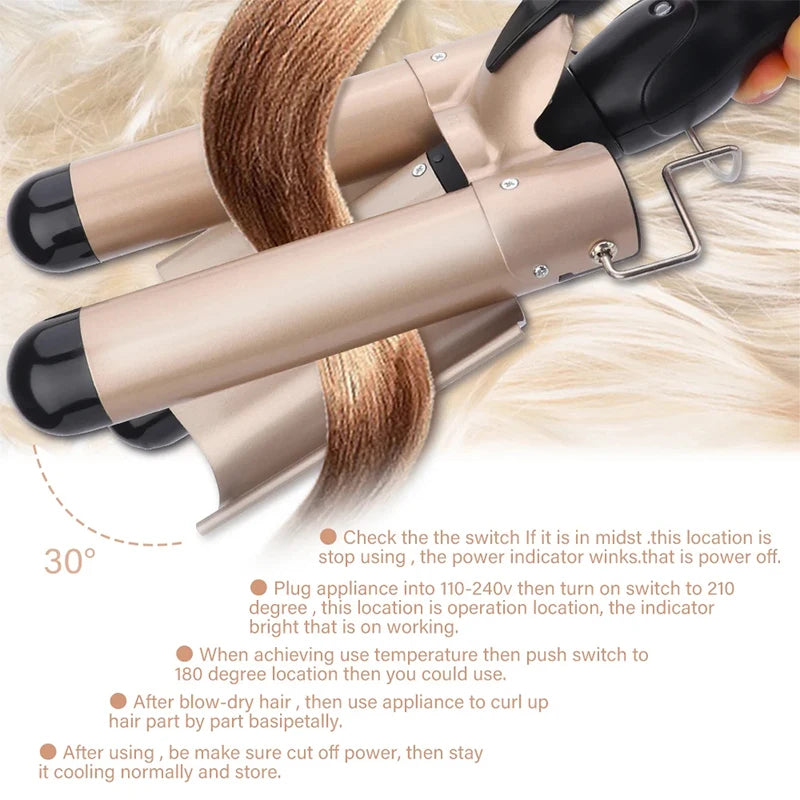 Hair Curler Tourmaline Ceramic 3 Barrel Hair Curling Iron Electric Curl Hair Machine Triple Barrel Hair Curler Hair Styling Tool