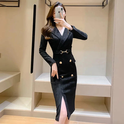 Office Lady Sexy Slim Blazer Dress Women Spring Korean Notched Collar Split Evening Party Dresses Elegant Midi Vestido De Fiest