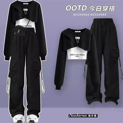 Spring and Autumn Set Women's 2025 Korean Loose Fashion Top Casual Work Pants Age Reducing Three Piece Set