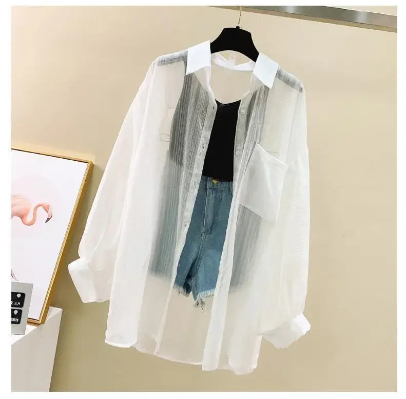 Shirts Women Sheer Thin Chic Summer Simple Solid Sun-proof Temper Fashion Baggy All-match Basic Korean Style Clothes