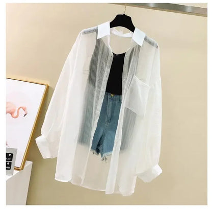 Shirts Women Sheer Thin Chic Summer Simple Solid Sun-proof Temper Fashion Baggy All-match Basic Korean Style Clothes