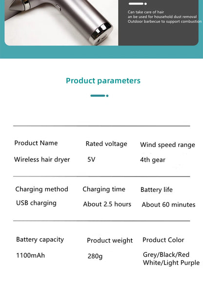 Wireless Hair Dryer Multifunctional  Air Duster Blower Travel Portable USB Rechargeable Negative Ions Blow Dryer