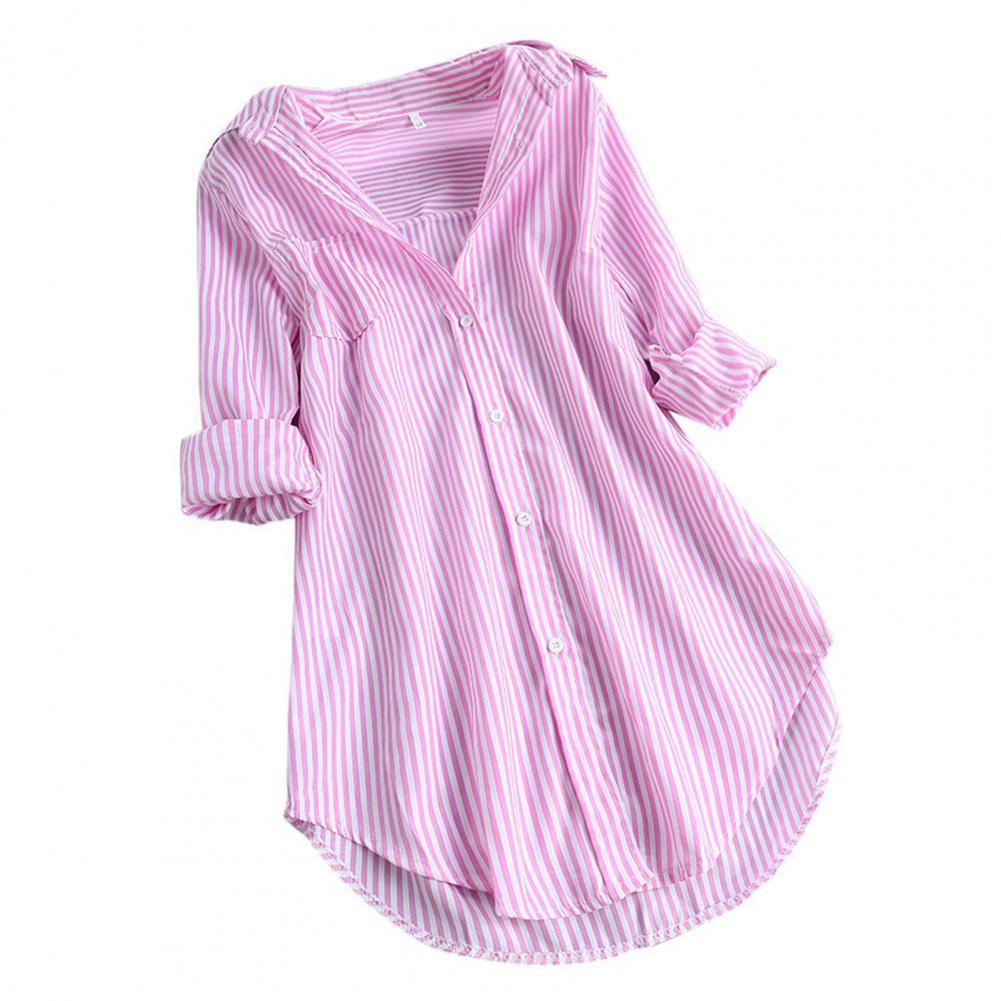 M-4XL Women Tunic Shirt Striped Long-sleeves V Neck Mid Long Turn-down Collar Loose Fit Casual Summer Elegant Ladies Blouse Top
