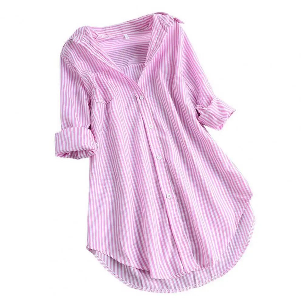 M-4XL Women Tunic Shirt Striped Long-sleeves V Neck Mid Long Turn-down Collar Loose Fit Casual Summer Elegant Ladies Blouse Top