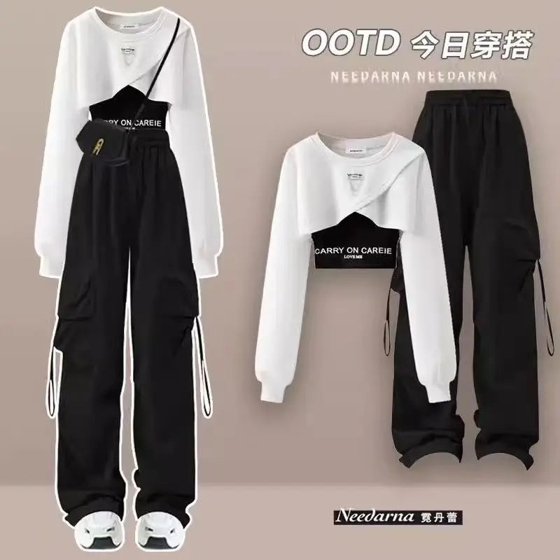 Spring and Autumn Set Women's 2025 Korean Loose Fashion Top Casual Work Pants Age Reducing Three Piece Set