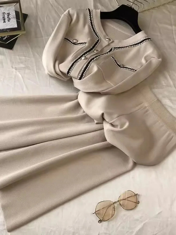 Women Casual Knitted 2 Pieces Sets Korean Cropped Knitwear Sweater Cardigan Tops Conjuntos High Waist Ankle Length Pants Suits