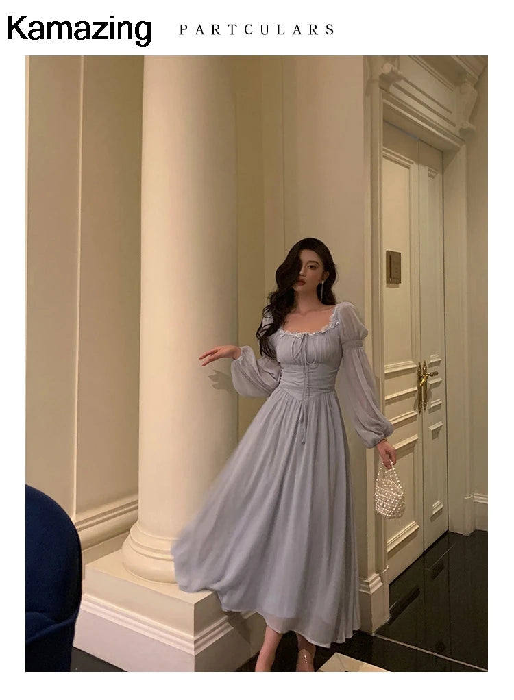 Elegant Square Collar Lace Dress Princess Evening Party Midi Dresses Women Autumn High Waist A-line Prom Robe One Piece Vestidos