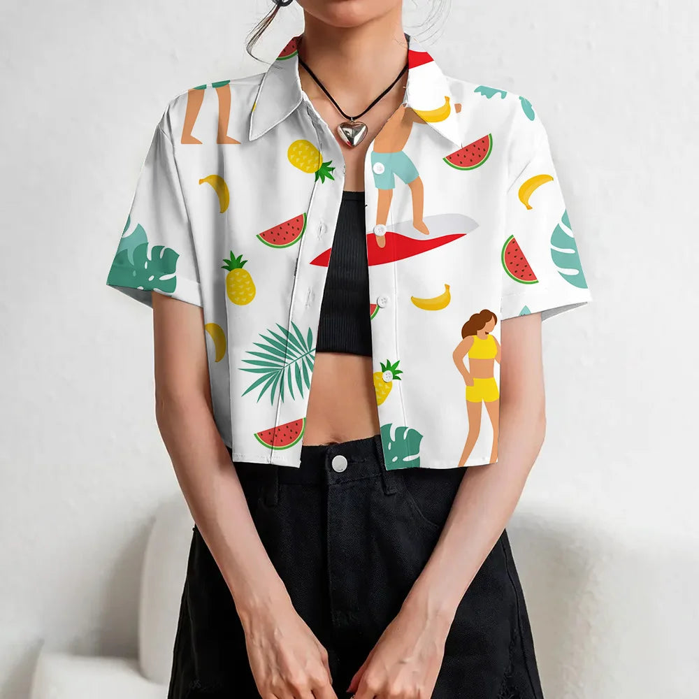 Women's Lapel Button Tank Tops Shirts Summer Casual Short Sleeve Shirts 3D Cherry Printed Women's Clothing Navel Exposed Shirts