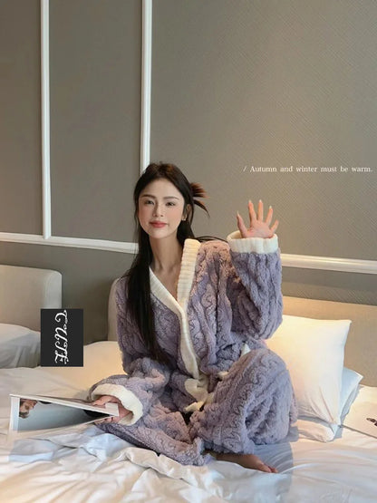 2pcs/Set Autumn And Winter Pajamas Women Thickened Padded Warm Students Coral Girls Clot Velvet Suit Home wear Cardigan Trousers