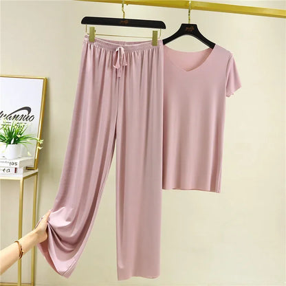 Female Home Clothes 2 Pieces Set Lady Home Suit Summer Women Lounge Wear Autumn Loose Home wear Suit for Women Pajamas Pants Set