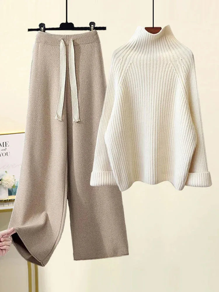 Winter Warm Knit wears Sets For Women Turtleneck Long Sleeve Pullover Sweater+ high Waist Wide Leg Drawstring Knitted Pants Sets