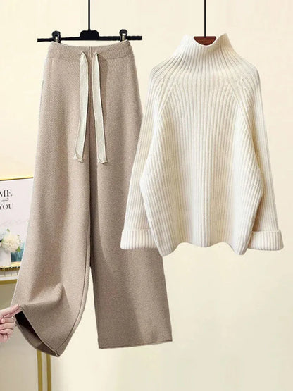 Winter Warm Knit wears Sets For Women Turtleneck Long Sleeve Pullover Sweater+ high Waist Wide Leg Drawstring Knitted Pants Sets
