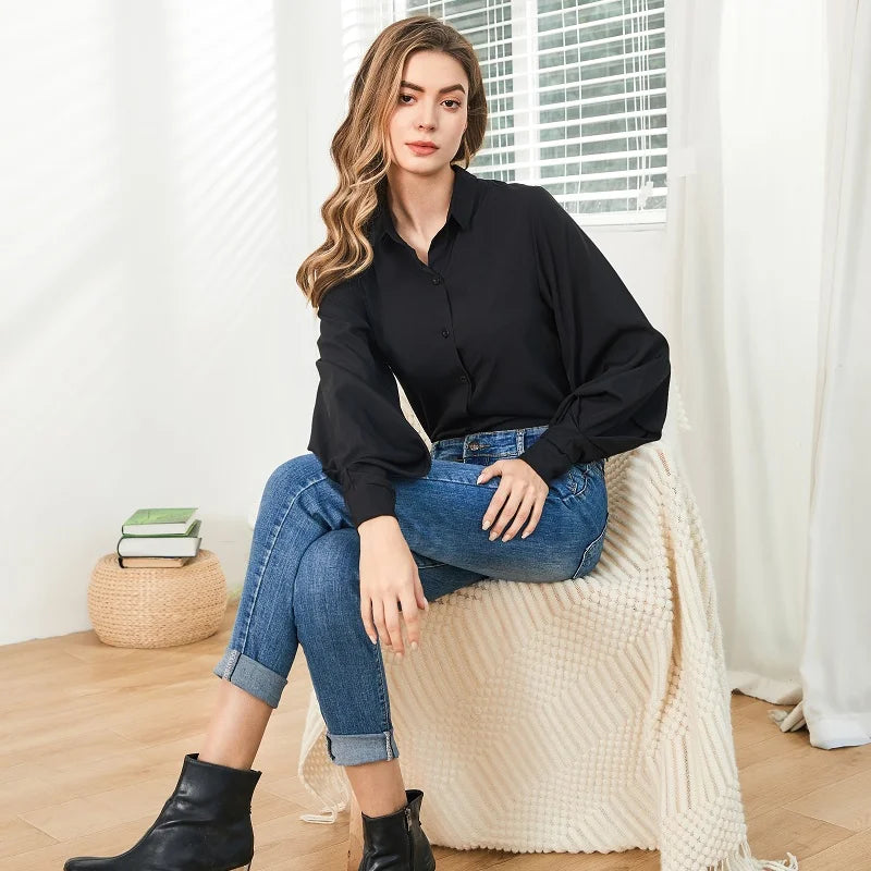 Lantern Sleeves Vintage Shirts Women Elegant White Women's Blouse with Lush Sleeves 2025 Fashion Button Up Shirt Black dropship