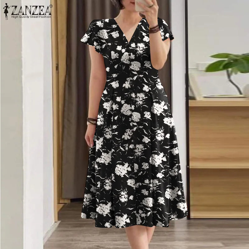 ZANZEA Fashion Floral Print Women Midi Dresses 2025 Summer Ruffle Sleeve V Neck A-line Vestido Casual Cinch Waist Party Sundress