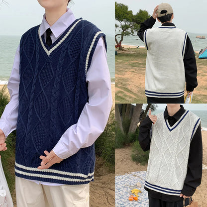 Men's Classic Contrast Color Thermal V-Neck Comfortable Cardigan Sleeveless Slight Stretch Solid Vest Simple Loose Waistcoat Tops