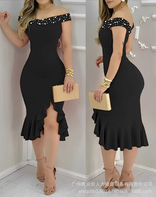 Women's Dresses 2025  Summer Fashion Beaded Off Shoulder Ruffles Slit Hem Elegant Plain Short Sleeve Skinny Midi Party Dress