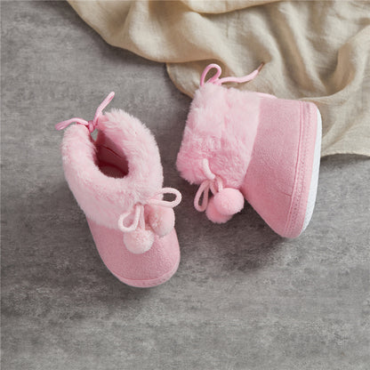Suefunskry Toddler Baby Girls Boys Boots Winter Warm Soft Sole Fluffy Lace up Boots Cute Plush Pom Decoration Non Slip Shoes