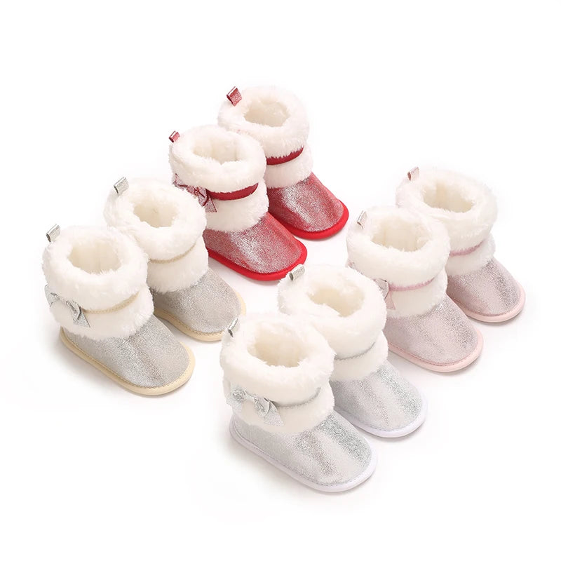 Suefunskry Newborn Baby Girl Winter Warm Plush Boots Shiny Flats with Cute Bows Casual Walking Shoes for Toddler Infant