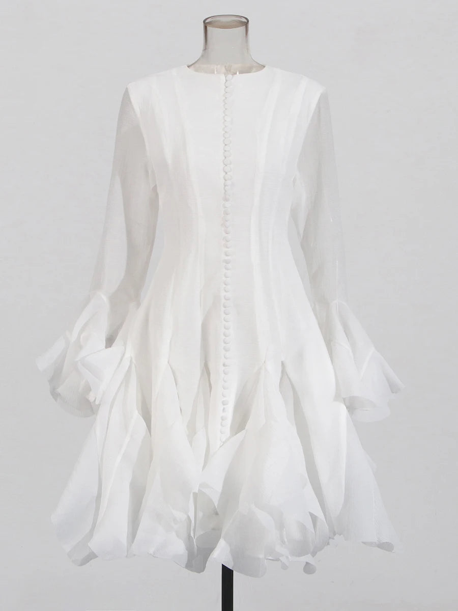 VGH Elegant Spliced Ruffles Midi Dresses for Women O Neck Petal Sleeve High Waist Slim Patchwork Buttons Solid Dress Female New