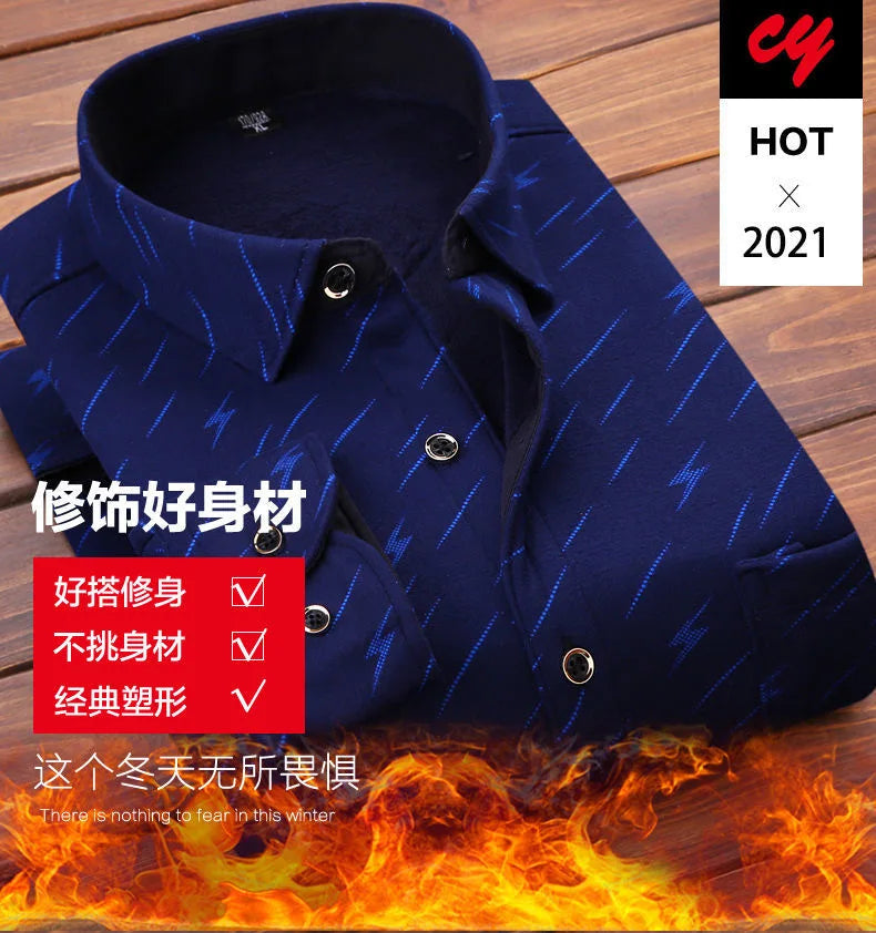 2025 Men's Autumn Winter Casual Fleece Plaid Shirt Fashion Soft Warm Turn Down Collar Long Sleeve Shirt Male High-Quality Tops