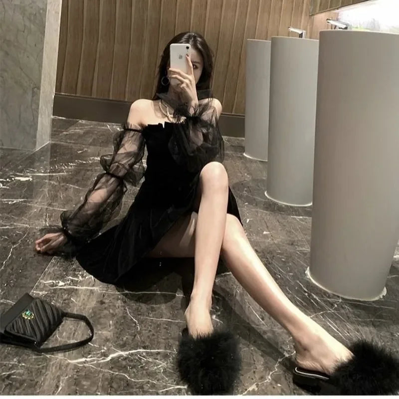 New 2025 Black Retro Dress Women Lace Chiffon Mini Dress Female High Street Sexy Korean Fashion Dress Women Club Dress