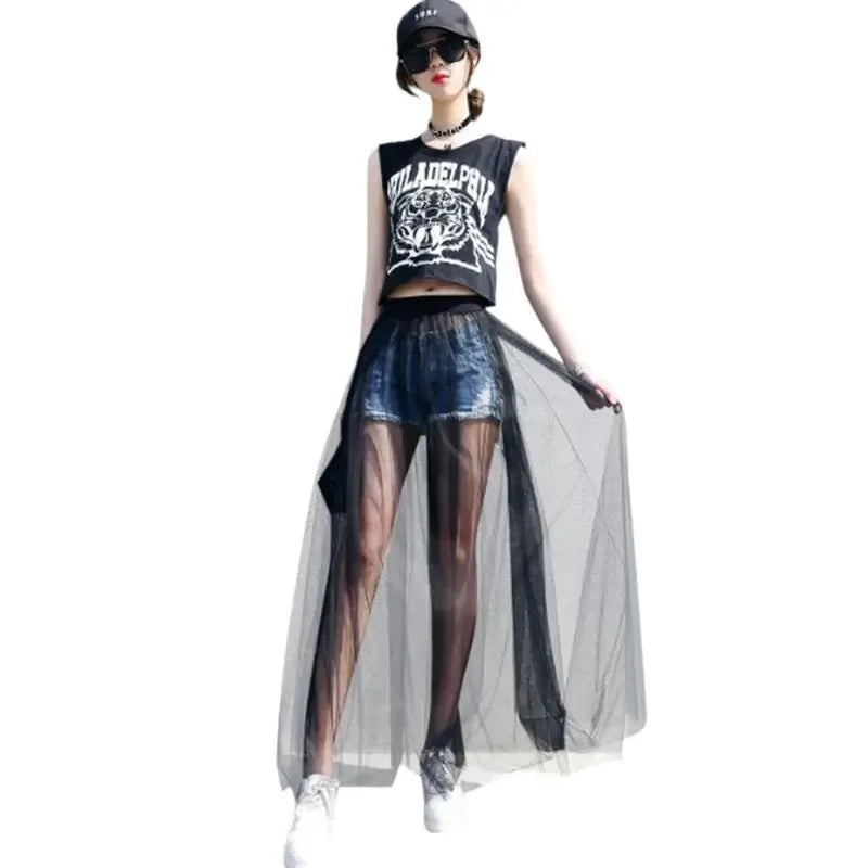 Women's Perspective Mesh Half Skirt Single Layer Long Skirt
