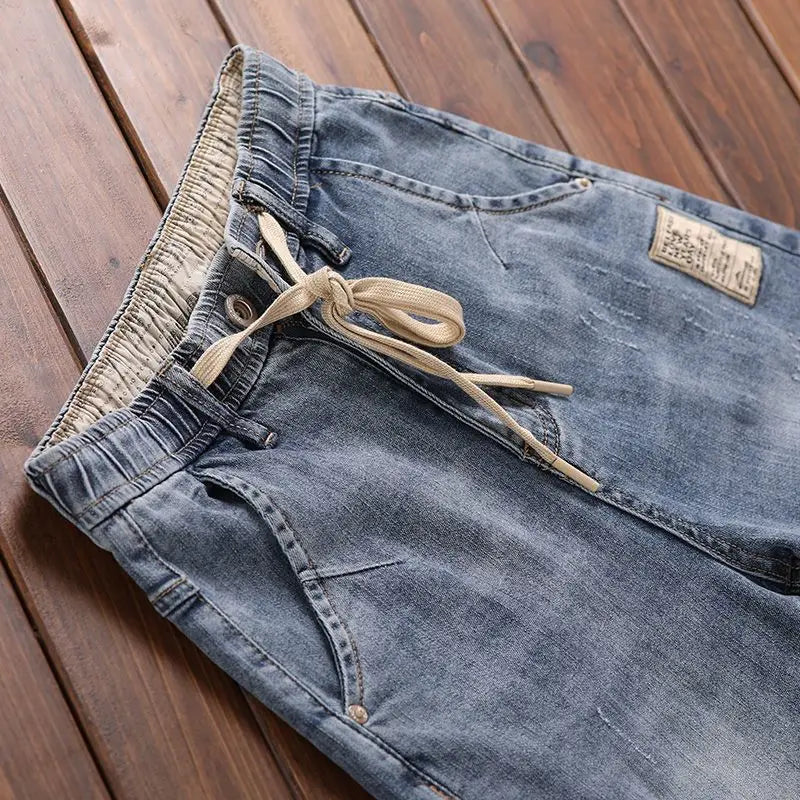Korean Style Clothes Men's Denim Jeans with Elastic Waistband Drawstring for Washed Autumn Casual Stretch Jeans Male