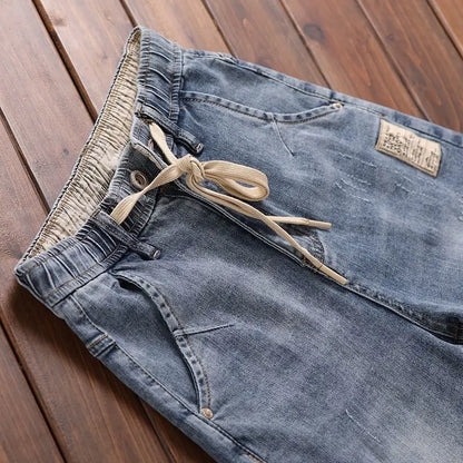 Korean Style Clothes Men's Denim Jeans with Elastic Waistband Drawstring for Washed Autumn Casual Stretch Jeans Male