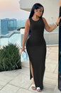 Sexy Sleeveless Knitted Long Dress for Women Fashion O-neck Pure Color Bodycon Dress Summer Split Package Hips Party Dress Black