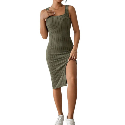 Solid Color Square Neckline Dress Elegant Square Neck Knitted Midi Dress for Women Solid Color Party Commute Dress with Short
